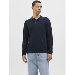Basic - Gebreide Polo met Col - Blauw - Katoen - Relaxte Pasvorm