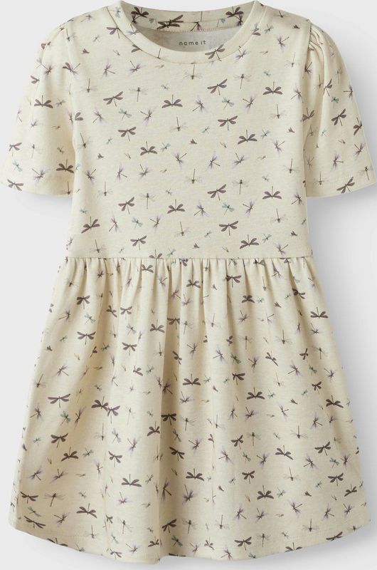 Jerseyjurken - Korte Mouwen Jurk - All-over Print - Ronde Hals - Pofmouwen