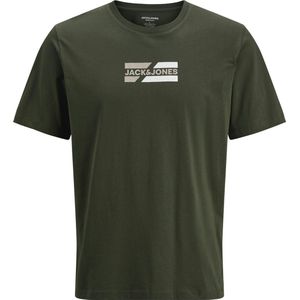 Jack & Jones - JJECorp - T-shirt - Beige/Donkergroen/Offwhite - Jersey, Ronde Hals, Logoprint