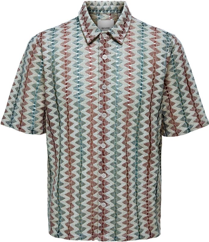 Beige gebreid hemd met oranje-groen motief