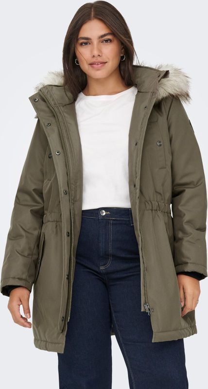 Carirena - Lange Parka - Met Kap en Afneembare Rand van Synthetisch Bont - Zwart