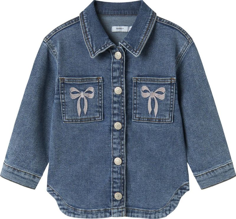 Jas - Denim - Gespreide Kraag - Drukknoopsluiting - Geborduurd Detail