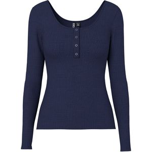 PIECES - T-shirt - Donkerblauw - Lange Mouwen - Geribbeld Effect - Katoen