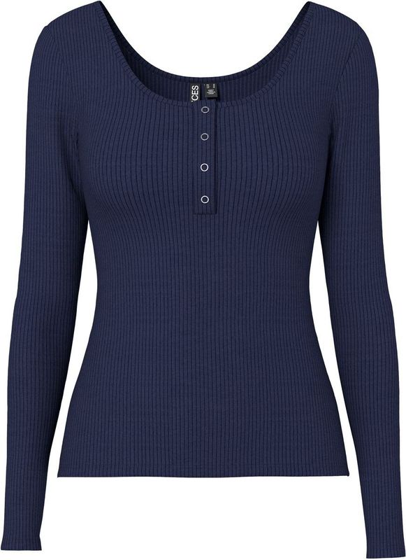 PIECES - T-shirt - Donkerblauw - Lange Mouwen - Geribbeld Effect - Katoen