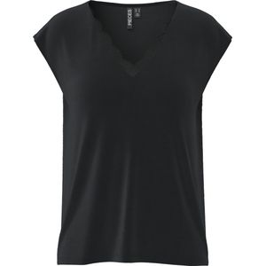 pieces - PCKAMALA LACE V-NECK TEE - Shirt - Zwart - Kant