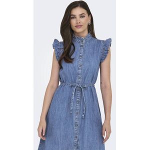 Denim Jurk - V-Hals - Mouwloos - Ruches - Riem in de Taille - Regular Fit