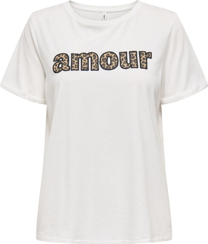 ONLY - T-shirt - Wit - Katoen - Opschrift 'amour' in Luipaardprint
