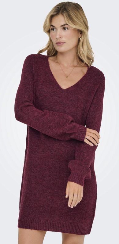 JDY - JDYElanora - Gebreide Jurk - Karmijnrood - V-hals