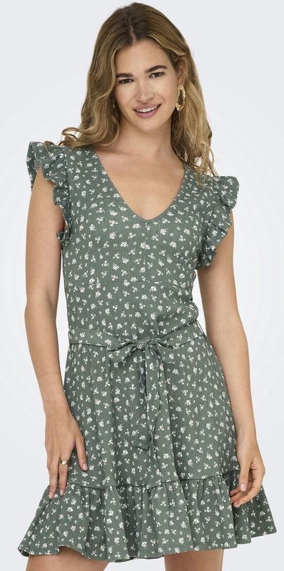 Jurk - Zwart - V-Hals - Korte Mouwen - Ruches - Regular Fit