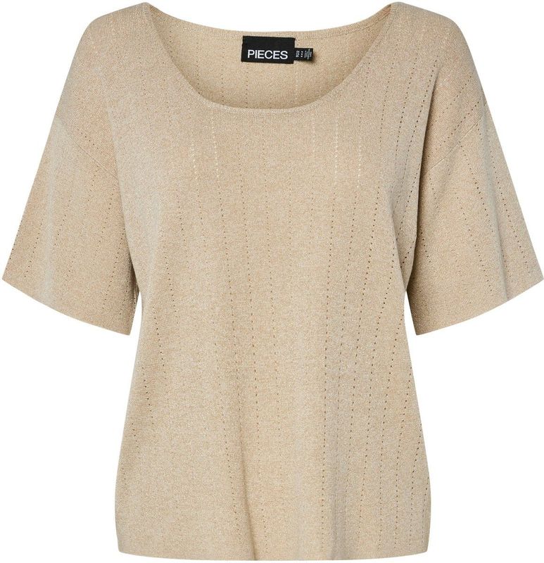 Pieces - Pcsalima Ss O-neck Knit Top - T-shirt - Sandshell/gold Lurex