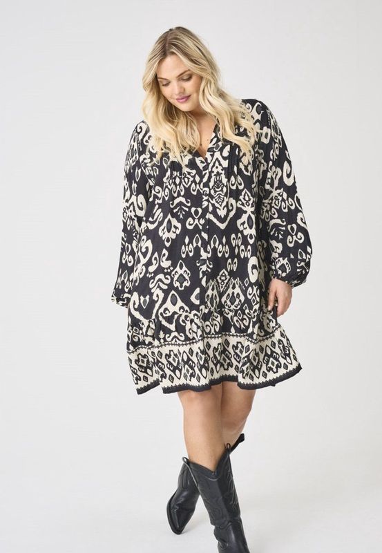 ONLY CARMAKOMA - Korte Jurk - Viscose - Midi-lengte - V-Hals - Lange Mouwen - Ballonmouwen