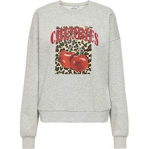 Sweater - Light Grey Melange - Sweatstof - Print Cherries en Leo AOP
