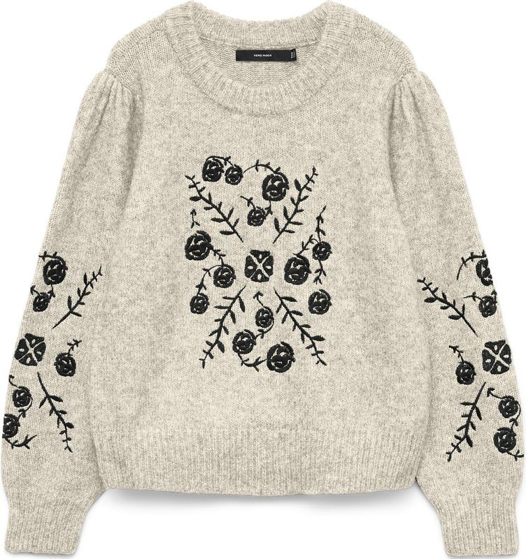 Vero Moda - Vmjuta Ls O-neck Embrodery - Pullover - Medium Grey Mel/w. Black