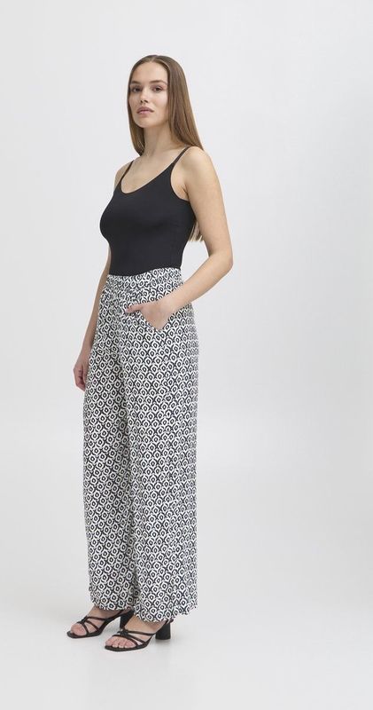 ICHI - Broek - Donkerblauw/Wit - 100% Viscose - Wijde Pijp