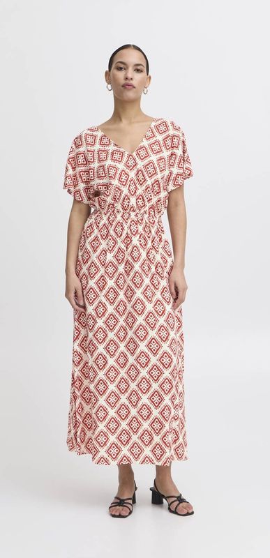 ICHI - Zomerjurk - Rood - Midi-stijl - Korte Mouwen - V-hals