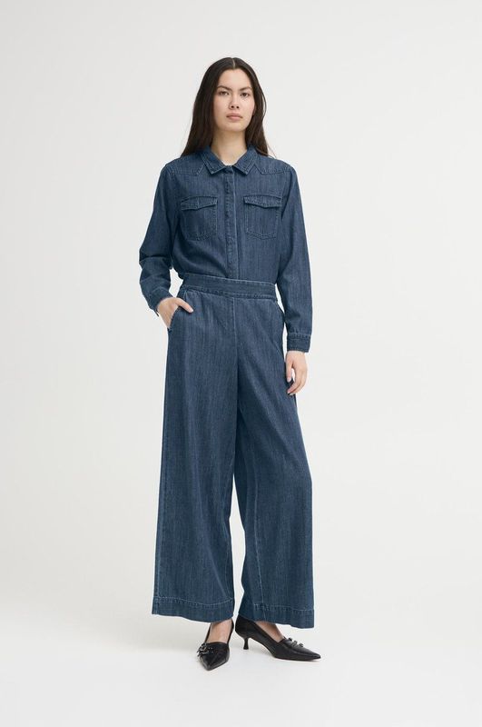 ICHI - Denim Wide Leg - Casual Broek - Donkerblauw - Regular Waist