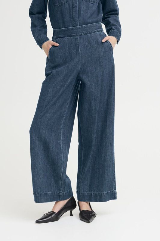 ICHI - Wide Leg Regular Waist Casual Broek - Donkerblauw - Denim