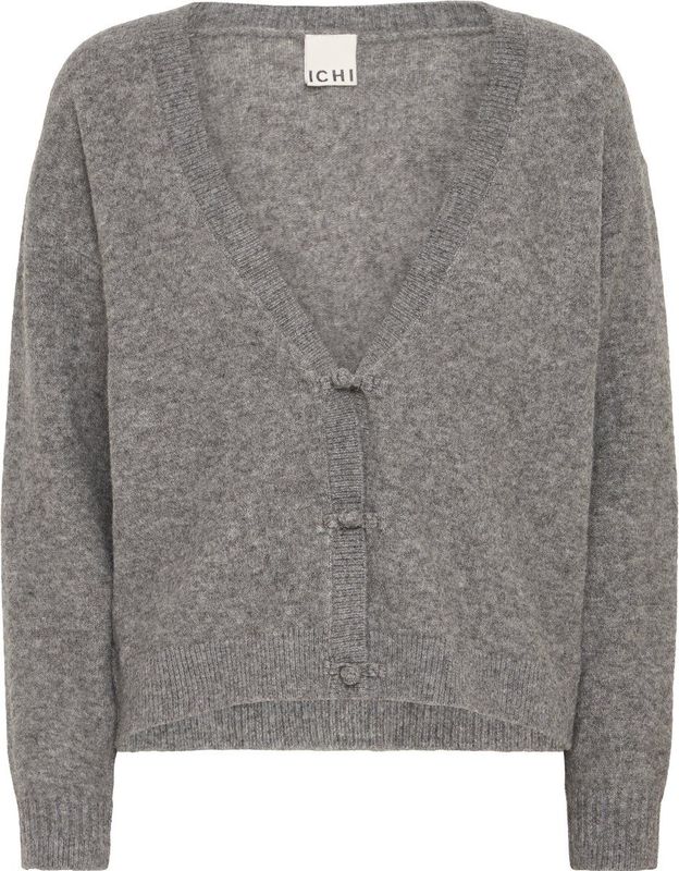 ICHI - Gebreid Vest - Grijs - Lange Mouwen - V-hals