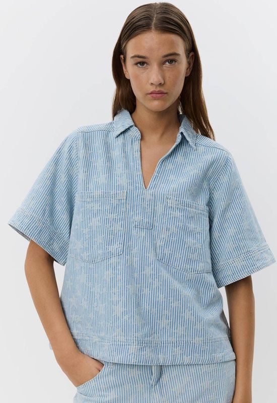 Sofie Schnoor - Denim Blouse - Blauw - Denim - Korte Mouwen - Sterrenpatroon