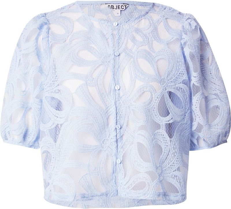 OBJECT - Blousetop - Lichtblauw - Driekwart Pofmouwen - Ronde Hals