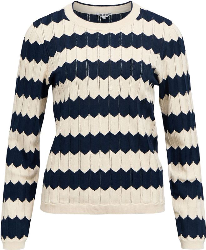 OBJECT - OBJEbba - Gebreide Trui - Lichtbeige/Navy - Lange Mouw