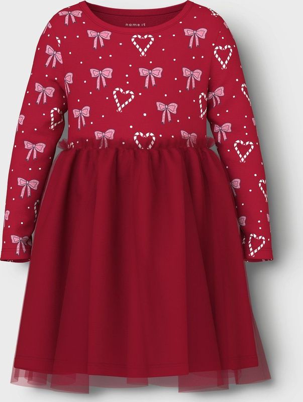 NAME IT - NMFRI - Jurk - Rosa/Rood/Wit - Korte Lengte - Lange Mouw