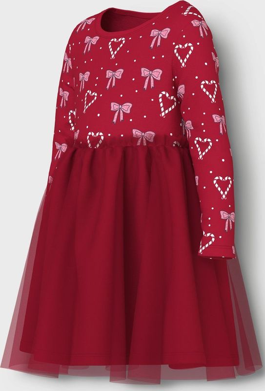 NAME IT - NMFRI - Jurk - Rosa/Rood/Wit - Korte Lengte - Lange Mouw