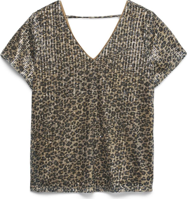 Vero Moda - Vmhanya Sq V-neck Top - T-shirt - Silver Mink/Leopard Aop