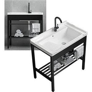 Home Gootstenen Vrijstaande Wasserij Wastafel, Keramische Wastafel Met Wasbord Set met Beugel en Afvoerset met RVS Metalen Benen Stand Vanity Sink met Zwarte Opslag Ze