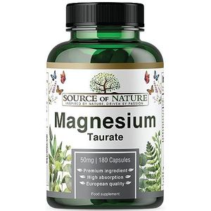 Source of Nature® | Magnesium Taurate 625mg | 180 Capsules | 45-daagse voorraad | 50mg Elementair | Hoge Opname | Zacht voor de Maag | Laboratorium Getest