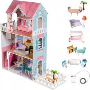 Houten Poppenhuis - Mamabrum - met Meubels en accessoires - Droomhuis - bouwpakket maken poppenhuisinrichting - LED verlichting - met meubeltjes - 123 cm hoog pop huis dollhouse diy XXL