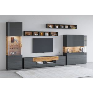 INOSIGN Wohnwand Toledo,Breite 391cm stilvolle Mediawand ohne Beleuchtung, (Set, 5-St), Anbauwand(Vitrine,Lowboard,Highboard,2xHängeregal)MDF Hochglanzfronten