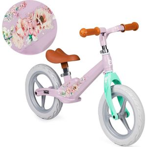 MOMI Ulti kinderloopfiets voor kinderen van 2-6 jaar, lekbestendige wielen van rubber, frame van lichte magnesiumlegering, regelbare zadelhoogte en stuurhoogte, gewicht 3 kg, roze bloemen