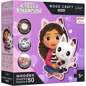 Trefl – Houten puzzel Contour: Gabby's Dollhouse, Gabby en haar Kitten - 50 stuks, Wood Craft Junior, onregelmatig, 10 figuren, modern, 5 jaar +