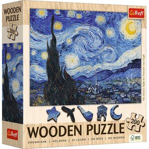 Trefl – Houten puzzel: Sterrennacht, Vincent van Gogh - 200 elementen, artistieke puzzel Wooden puzzel, beroemde schilderijen, creatief entertainment voor volwassenen en kinderen vanaf 9 jaar