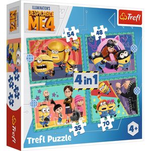 Trefl - Despicable Me 4, Minions waanvoorstellingen - 4-in-1 puzzel, 35 tot 70 stukjes - kleurrijke puzzels met stripfiguren, vrije tijd voor kinderen vanaf 4 jaar