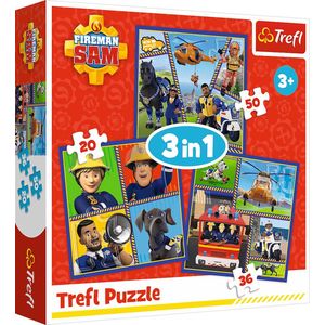 Trefl - Brandweerman Sam, Brandweerman Party Puzzel 3-in-1, 3 puzzels, 20 tot 50 stukjes, kleurrijke puzzels met cartoonfiguren, verschillende moeilijkheidsgraden, voor kinderen vanaf 3 jaar