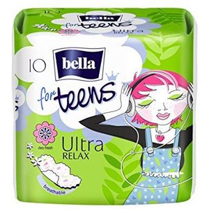 Bella For Teens Ultra Binden Relax: Ultradun maandverband voor tieners, per stuk verpakt (1 x 10 stuks), met vleugels + frisse geur