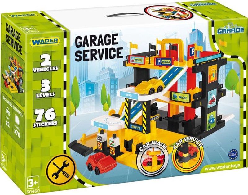Wader 50460 - service garage op drie niveaus met lift, servicegebied en twee voertuigen, vanaf 3 jaar, ideaal als cadeau voor creatief spelen