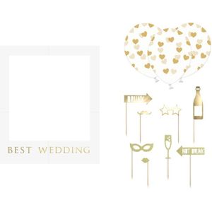 PartyDeco foto prop set Best Wedding - goud/wit - 13-delig - met frame - photobooth - Bruiloft
