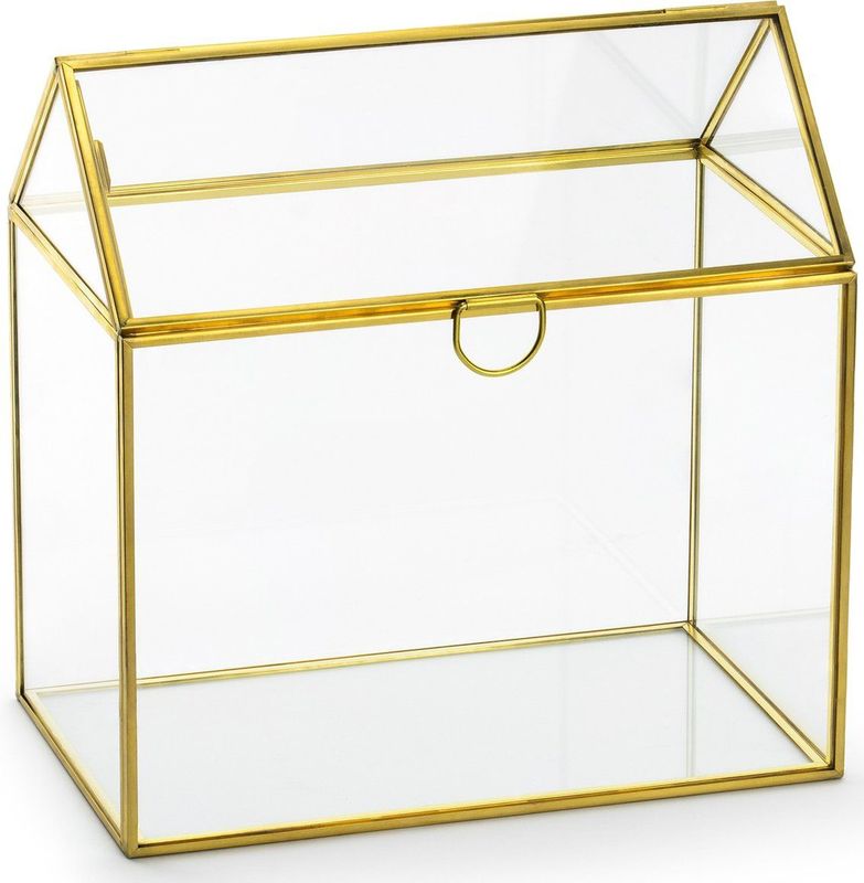 PartyDeco Enveloppendoos goud huisje - bruiloft - goud - glas/metaal - 13 x 21 cm
