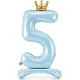 Partydeco - Staande folieballon Cijfer 5 Sky-Blue met kroon 84 cm