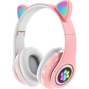 Kinder Hoofdtelefoon-Draadloze Koptelefoon - Over Ear - Bluetooth - Kattenoortjes - Led verlichting - Roze