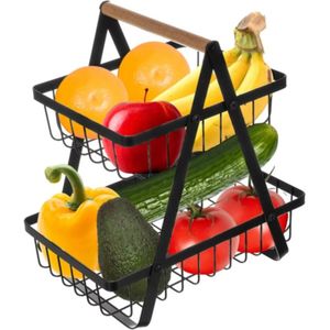 Fruitetag�ère - Etagère met Houten Handvat - 2 Laags - Metalen Fruitmand - Fruitschaal - Zwart