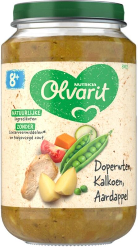 Olvarit Babymaaltijd 8+ Maanden – Doperwten Kalkoen Aardappel – 6 x 200g