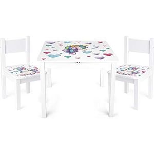 Leomark Kindertafel + 2 stoelen, kindertafel met 2 stoelen, Afmetingen: 60x60x49 (H) cm, stimuleert creativiteit en leren, Kindermeubelset voor kinderen/Eenhoorn/