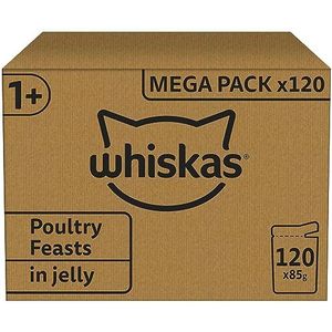Whiskas Natvoer voor volwassen katten en meer, gevogelte naar keuze, 120 portiezakjes, 120 x 85 g (1 grote verpakking), hoogwaardig natvoer voor volwassen katten
