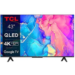 TCL 43C639 43 inch (108 cm) QLED TV, 4K UHD, Smart TV, Google TV, HDR Premium, 60Hz Motion Clarity, Dolby Vision & Atmos, 2.0 ONKYO geluid, spraakbediening, metalen behuizing, compatibel met Alexa