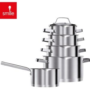 Smile Pannenset Inductie met antiaanbaklaag - RVS Kookpannen voor alle warmtebronnen - Set van 5 pannen inclusief deksels