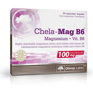 Chela-Mag B6  30 caps, magnesium met vitamin B6, hypoallergeen! De assimileerbaarheid van magnesium uit bisglycinaat is vele malen hoger dan uit niet-organische verbindingen zoals oxide, sulfaat en carbonaat. Beschermd door een wereldoctrooi!